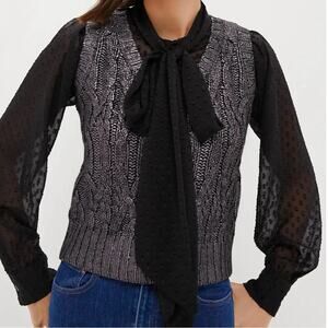 New Size Small Tuckernuck Black Foil Cable Knit Ellington Sweater Tie Blouse